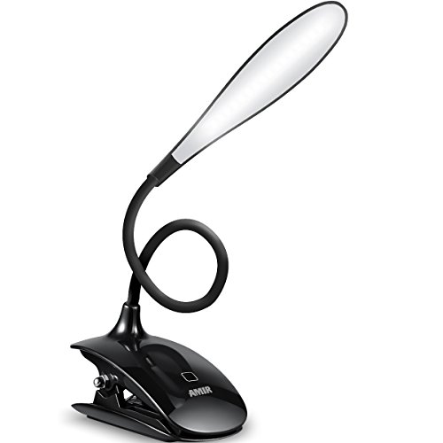 AMIR Rechargeable 16 LED Book Light, Clip on Reading Light, Flexible Desk Lamp with Touch Switch, 3 Levels Brightness Eye-Care, up to 8 Hours Reading. Perfect for Bookworms & Kids (Black)