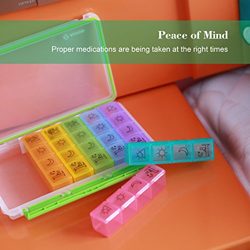 AUVON iMedassist Weekly AM/PM Pill Box, 2nd Gen Portable Travel Pill Organizer (7-Day / 4-Times-A-Day) with Moisture-Proof Design and Large Compartments to Hold Vitamins, Supplements and Medication