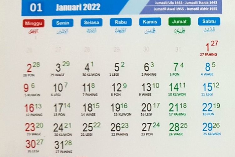 kalender jawa januari 2022